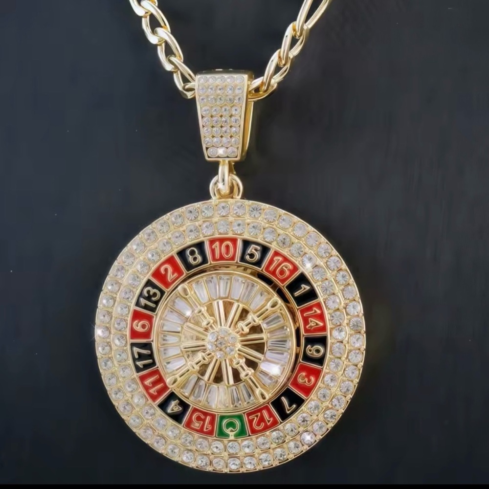 New Iced Gold Plated Spinning Roulette Pendant with Necklace 60cm fiagaro chain